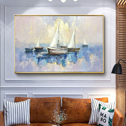 Sailing Serenity: Tranquil Oil Painting of Boats on a Blue Sea