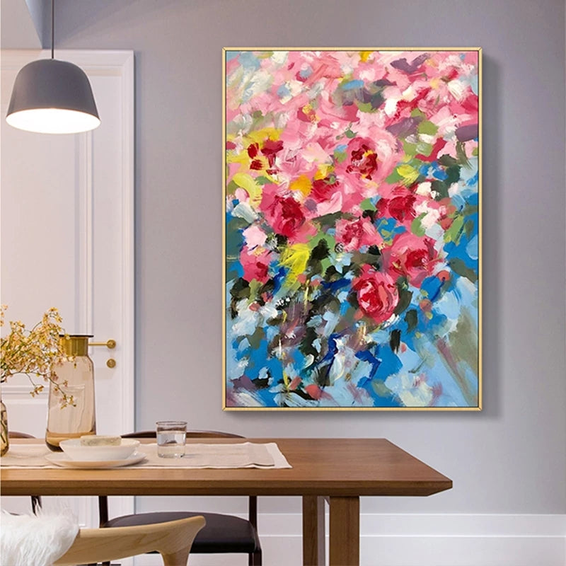 Vibrant Floral Celebration: Colorful Roses in Bloom Oil Painting for Home Décor