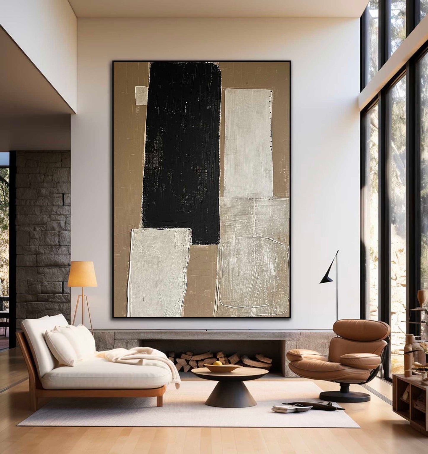 Elegant Minimalist Black and White Abstract Oil Painting for Modern Home Decor