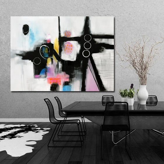 Abstract Black and White Oil Painting with Colorful Elements for Modern Decor