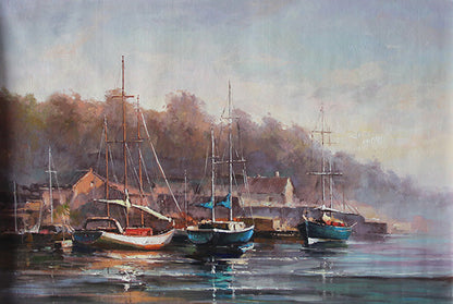 Serene Harbor Scene - Tranquil Oil Painting of Boats and Fall Reflections