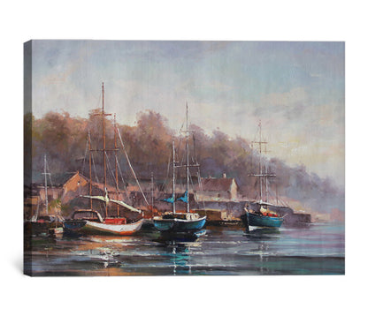 Serene Harbor Scene - Tranquil Oil Painting of Boats and Fall Reflections