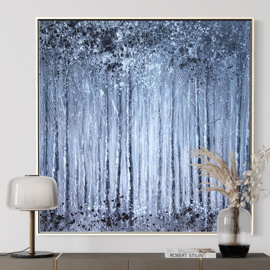 Serene Misty Forest: Tranquil Blue and Grey Oil Painting for Your Home Decor