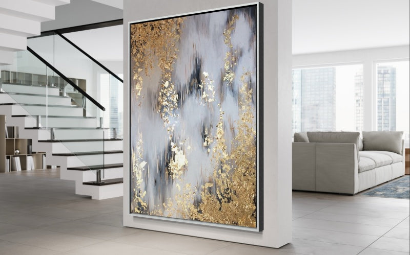 Abstract Gold and Silver Landscape Oil Painting for Modern Home Decor