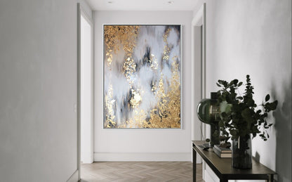 Abstract Gold and Silver Landscape Oil Painting for Modern Home Decor