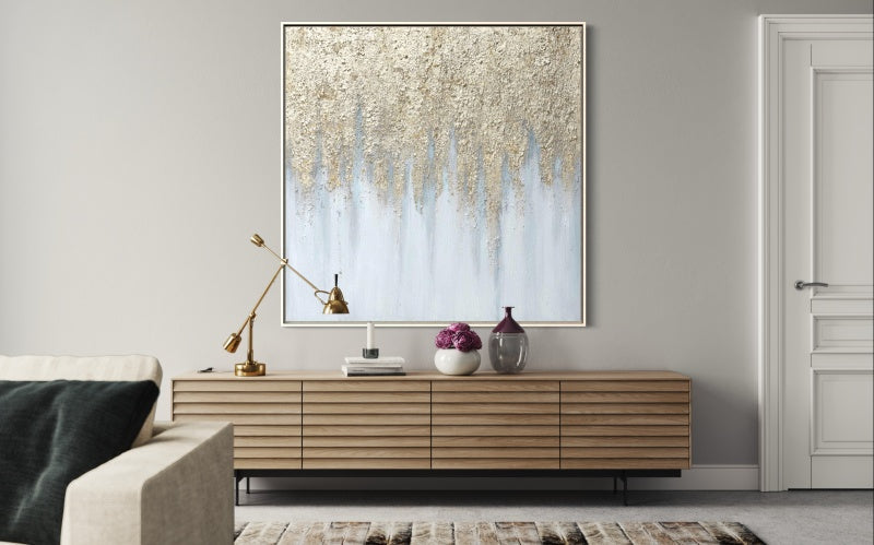 Serene Abstract Oil Painting with Golden Textures and Cool Blue Hues