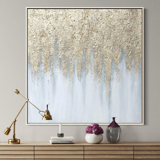 Serene Abstract Oil Painting with Golden Textures and Cool Blue Hues