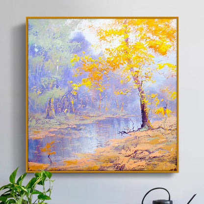 Serene Autumn Reflection: Vibrant Oil Painting of Nature's Tranquility