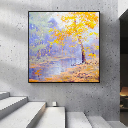 Serene Autumn Reflection: Vibrant Oil Painting of Nature's Tranquility