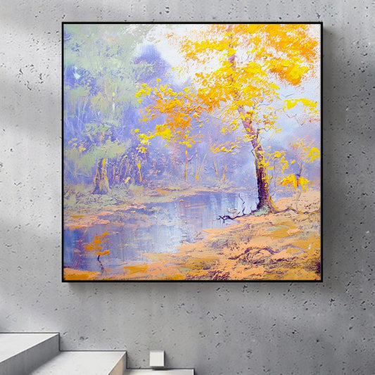 Serene Autumn Reflection: Vibrant Oil Painting of Nature's Tranquility
