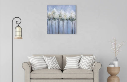 Serene Landscape Oil Painting with Ethereal Trees and Soft Blue Background