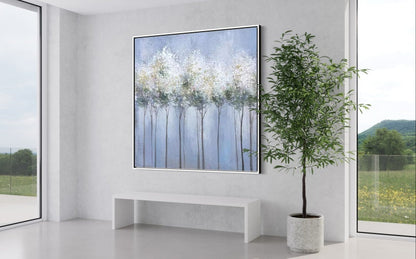 Serene Landscape Oil Painting with Ethereal Trees and Soft Blue Background