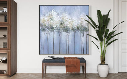 Serene Landscape Oil Painting with Ethereal Trees and Soft Blue Background