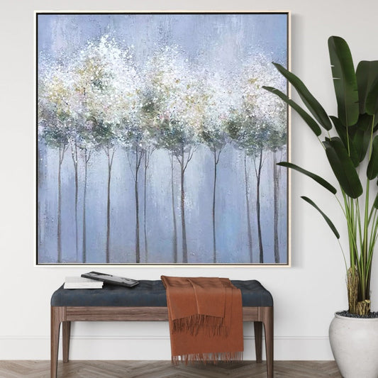 Serene Landscape Oil Painting with Ethereal Trees and Soft Blue Background