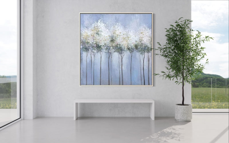 Serene Landscape Oil Painting with Ethereal Trees and Soft Blue Background