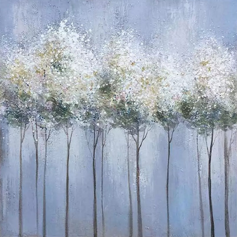 Serene Landscape Oil Painting with Ethereal Trees and Soft Blue Background