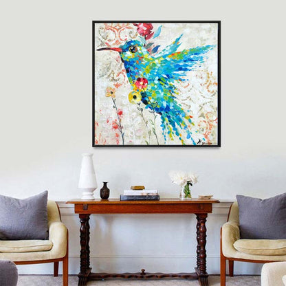 Vibrant Hummingbird in Bloom - Colorful Oil Painting for Bright Home Decor