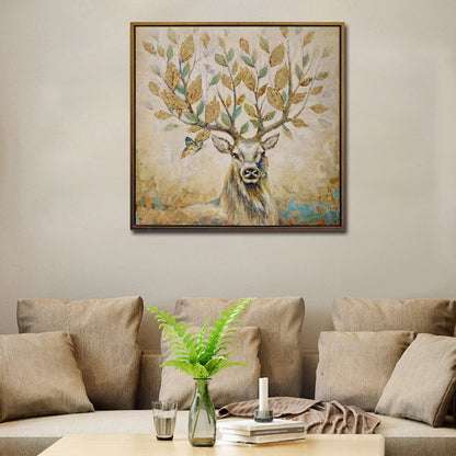 Majestic Stag with Butterflies and Leafy Antlers - Nature-Inspired Oil Painting