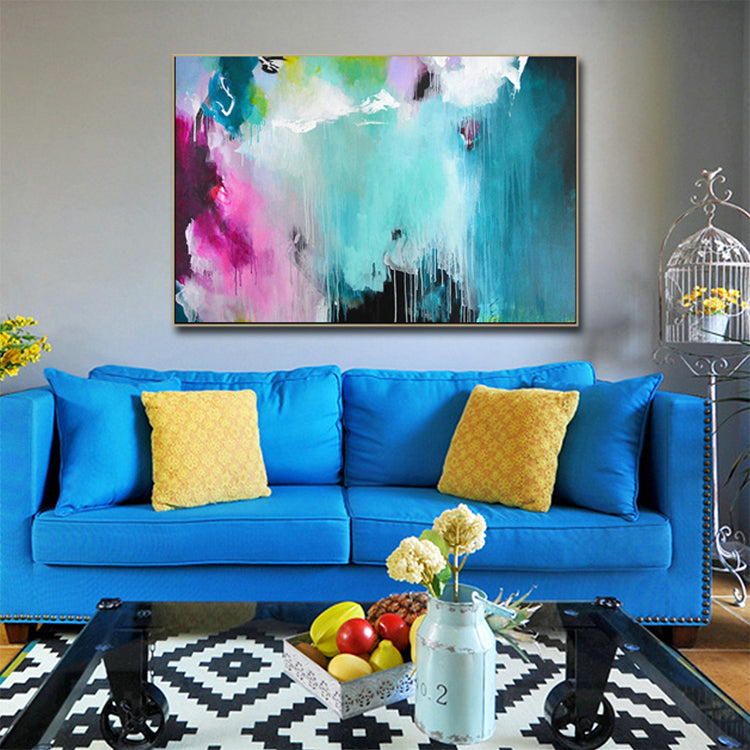 Vibrant Abstract Oil Painting in Blue and Pink for Modern Home Decor