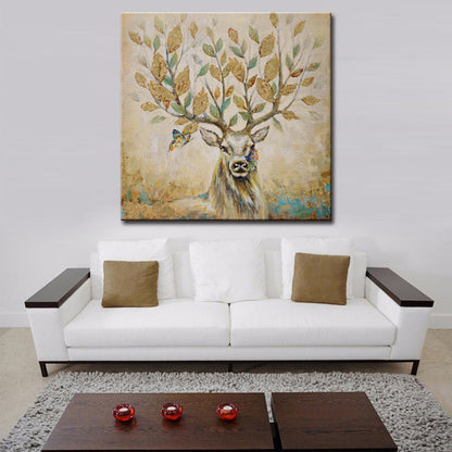 Majestic Stag with Butterflies and Leafy Antlers - Nature-Inspired Oil Painting