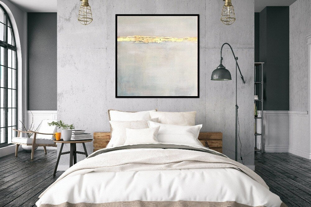 Serene Gold Horizon: Elegant Sunset-Inspired Oil Painting for Modern Decor