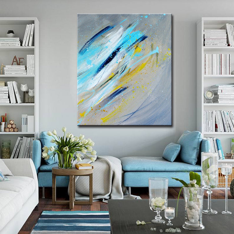 Vibrant Blue and Yellow Abstract Oil Painting for Modern Home Decor