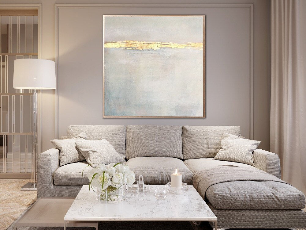 Serene Gold Horizon: Elegant Sunset-Inspired Oil Painting for Modern Decor