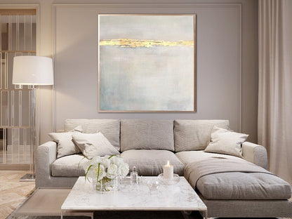 Serene Gold Horizon: Elegant Sunset-Inspired Oil Painting for Modern Decor