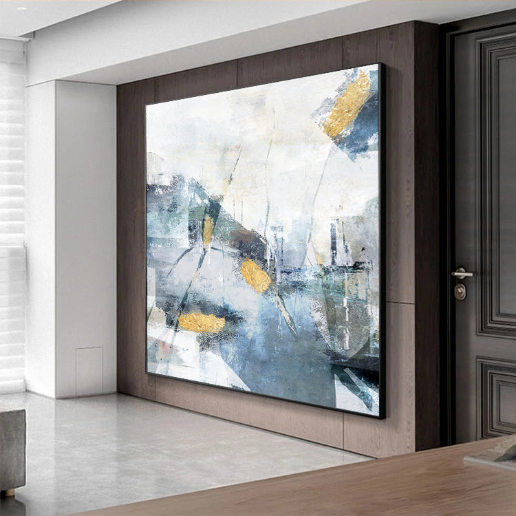 Captivating Abstract Oil Painting with Gold Accents and Blue Hues for Modern Decor