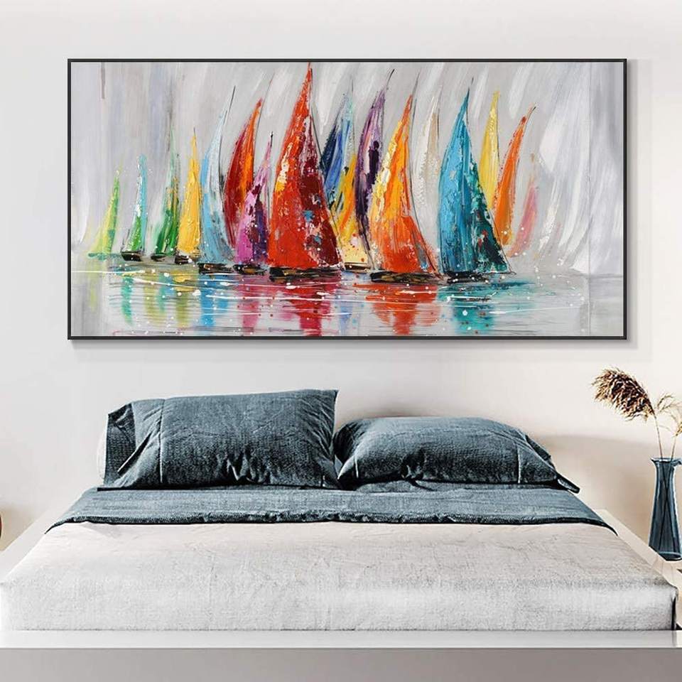Vibrant Sailboats on Calm Waters - Colorful Oil Painting for Your Home Decor