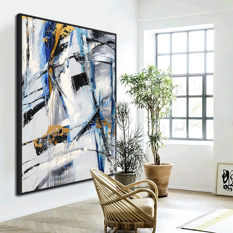 Dynamic Abstract Oil Painting in Bold Blues and Golds for Modern Home Decor