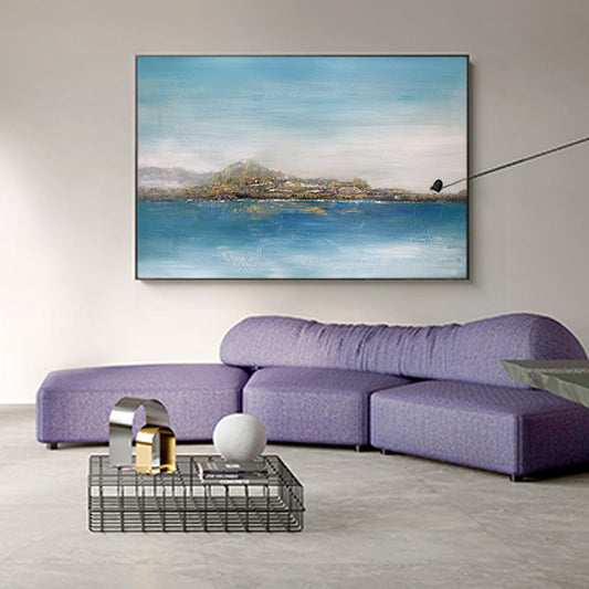 Tranquil Coastal View: Serene Oil Painting of Landscapes and Blue Waters