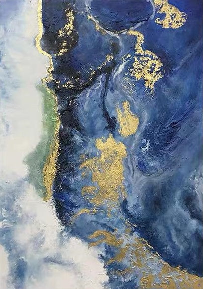 Stunning Coastal Abstract Oil Painting with Gold Accents for Modern Decor