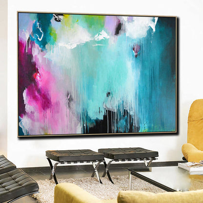 Vibrant Abstract Oil Painting in Blue and Pink for Modern Home Decor