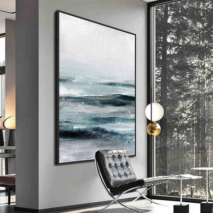 Emotive Abstract Oil Painting of Tranquil Ocean Waves in Serene Blue Tones
