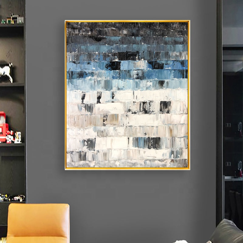 Abstract Oil Painting of Blue Tones and Textured Layers for Modern Home Decor