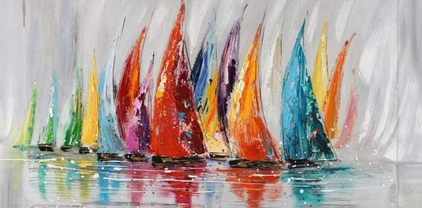 Vibrant Sailboats on Calm Waters - Colorful Oil Painting for Your Home Decor