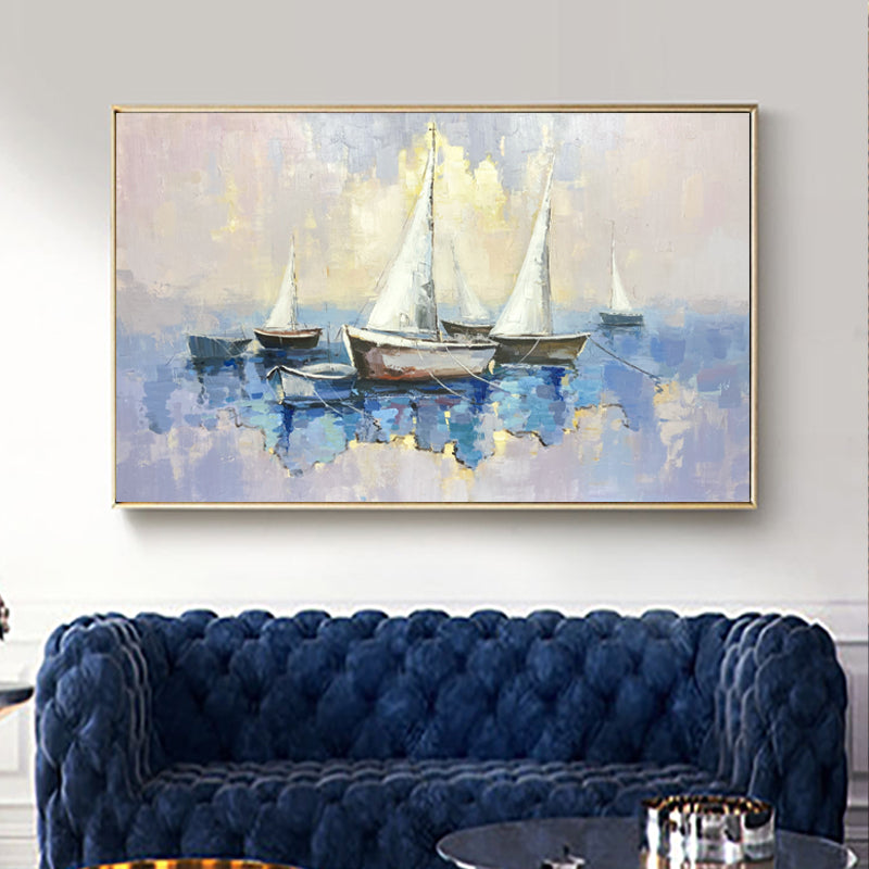 Sailing Serenity: Tranquil Oil Painting of Boats on a Blue Sea