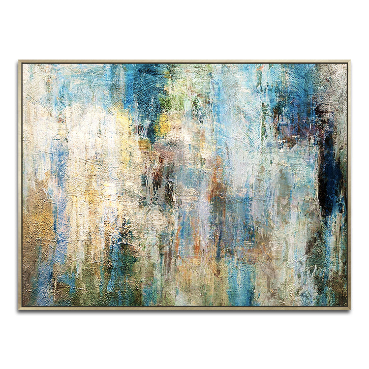 Tranquil Abstract Oil Painting with Vibrant Blue and Gold Hues for Modern Decor