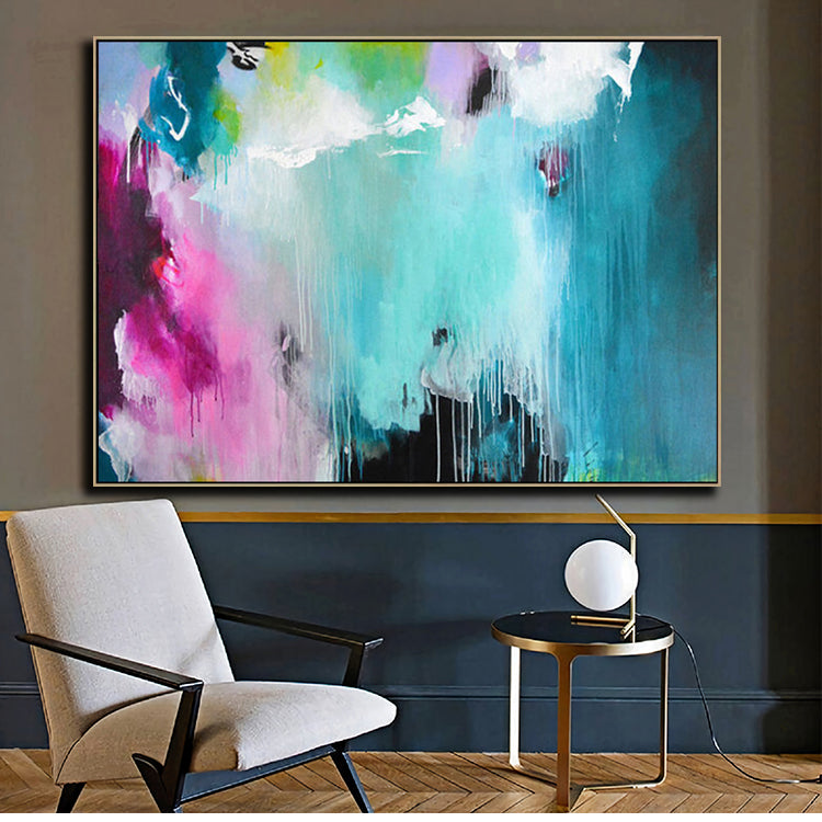 Vibrant Abstract Oil Painting in Blue and Pink for Modern Home Decor