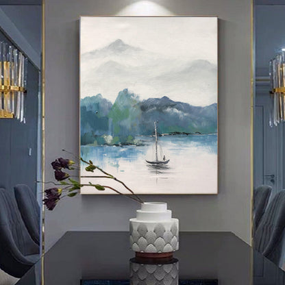 Tranquil Waters: Serene Landscape Oil Painting of Mountains and Sailboat