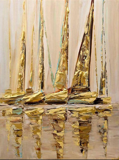 Golden Reflections: Elegant Sailboats in a Serene Seascape Oil Painting