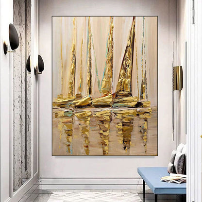 Golden Reflections: Elegant Sailboats in a Serene Seascape Oil Painting