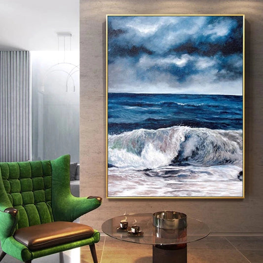 Serene Ocean Waves: Captivating Blue Seascape Oil Painting for Elegant Home Decor