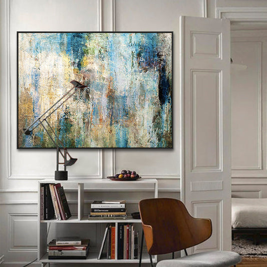 Tranquil Abstract Oil Painting with Vibrant Blue and Gold Hues for Modern Decor