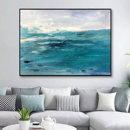 Serene Ocean Waves in Vibrant Turquoise Oil Painting for Coastal Home Decor