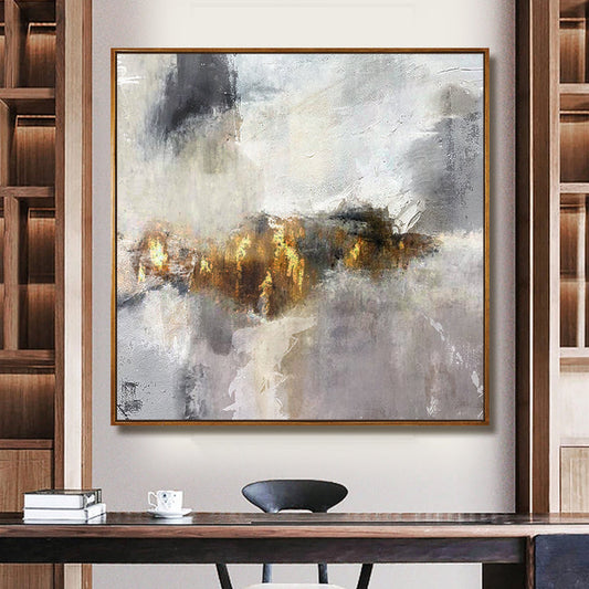 Abstract Oil Painting of Dreamy Landscapes in Soft Gray and Gold Tones