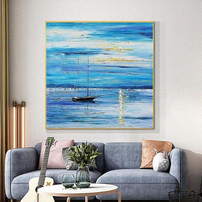Tranquil Sailboat Journey Across Serene Ocean Waves in Blue Hue
