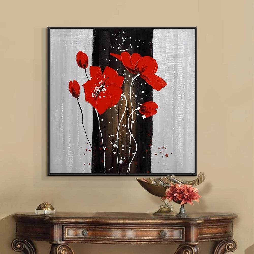 Vibrant Red Flowers on Elegant Black and White Background – Modern Art Decor