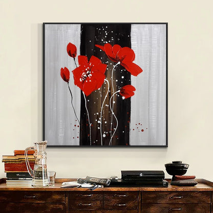 Vibrant Red Flowers on Elegant Black and White Background – Modern Art Decor